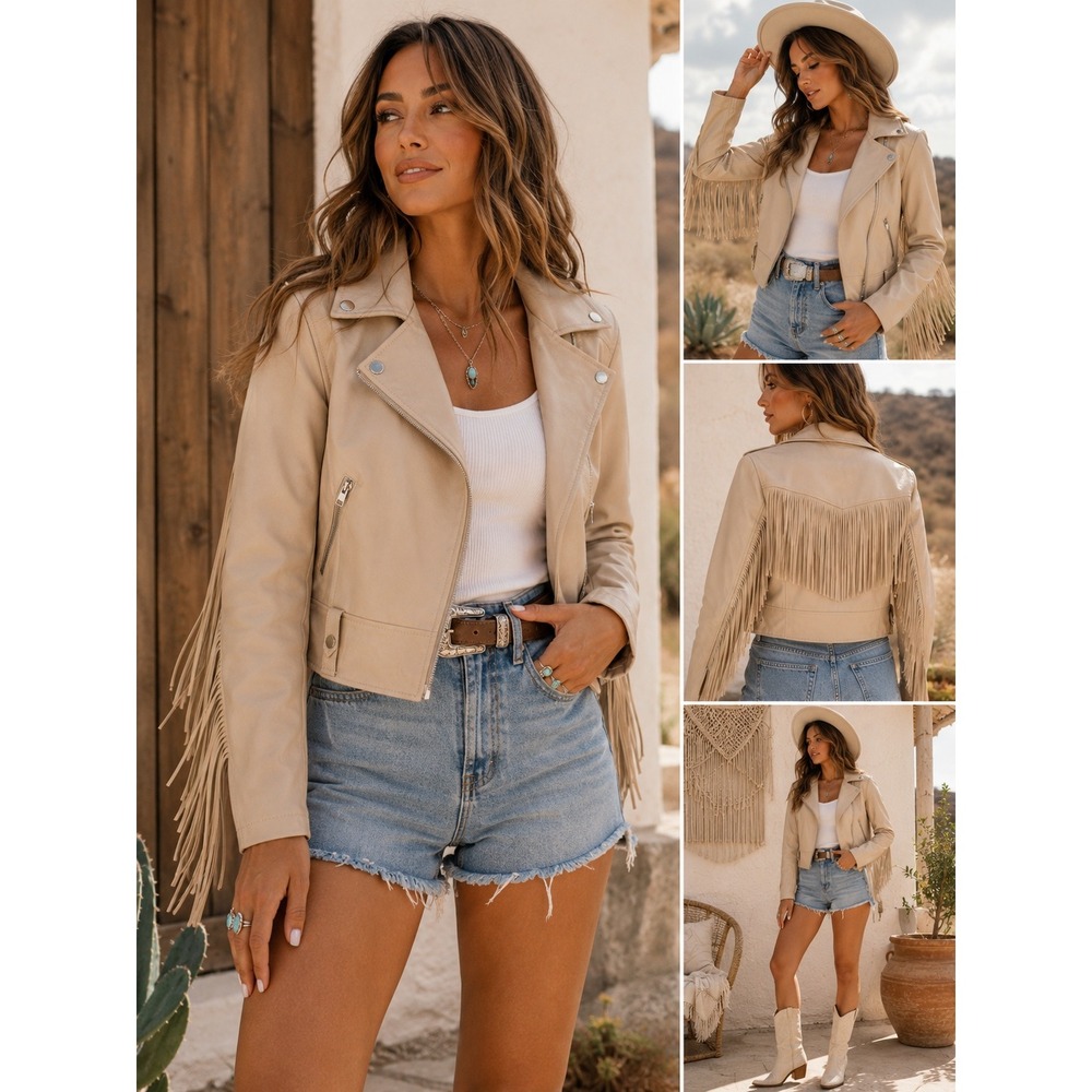 Nasty Gal Fringe Faux Leather Moto Jacket Western Boho Festival Chic Beige Sz M